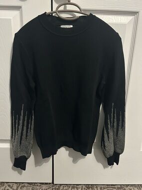 Women's Black Crewneck Sweater with Silver Metallic Sleeve Detail